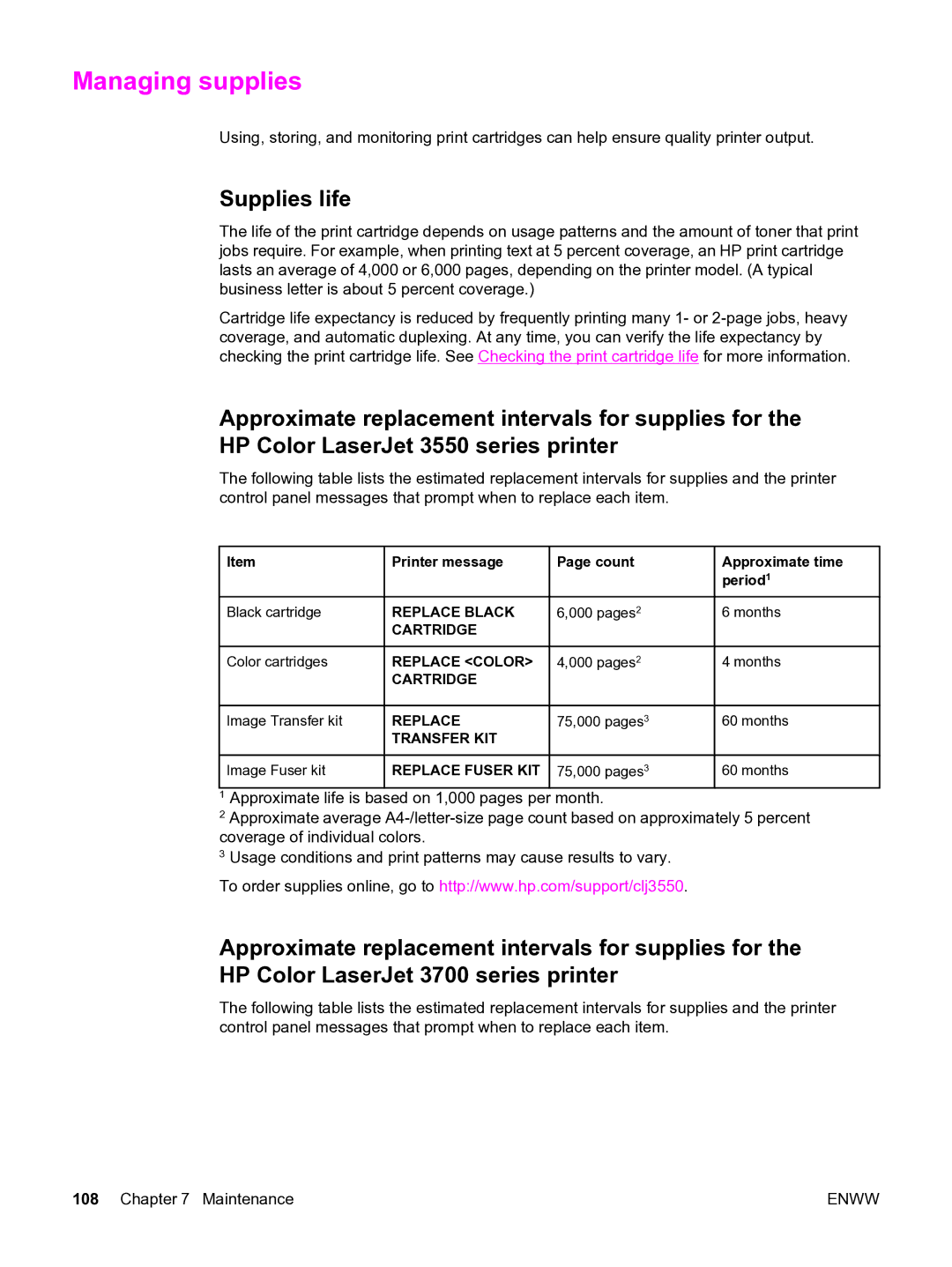 HP 3550 manual Managing supplies, Supplies life 