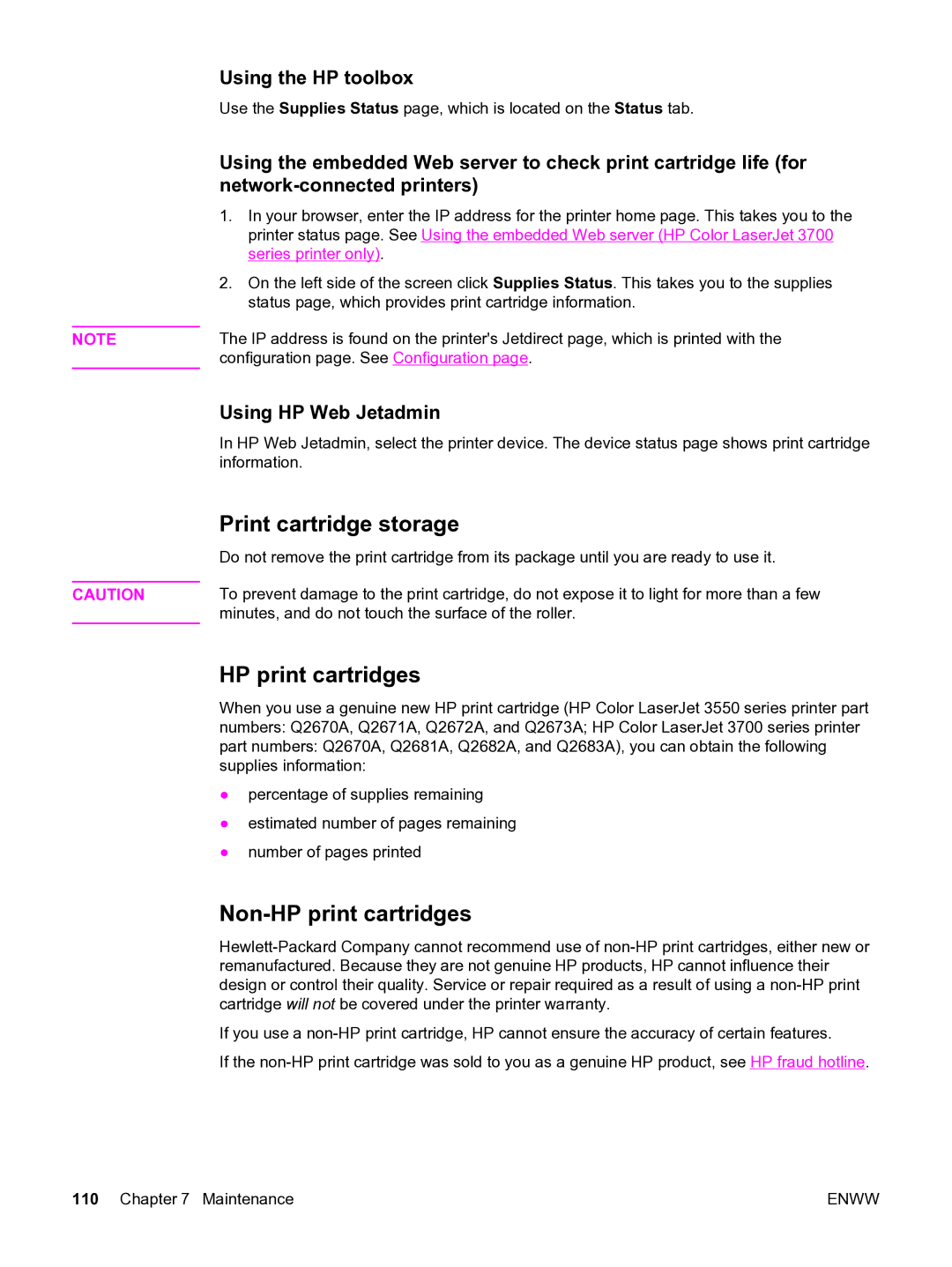 HP 3550 manual Print cartridge storage, Non-HP print cartridges, Using the HP toolbox, Using HP Web Jetadmin 