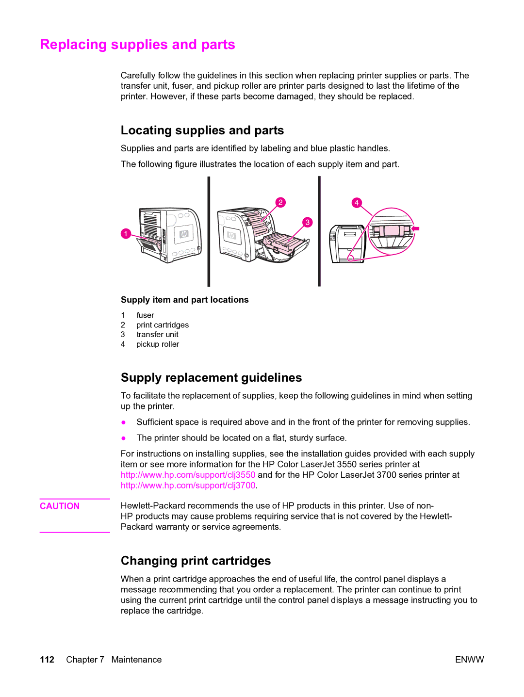 HP 3550 manual Replacing supplies and parts, Locating supplies and parts, Supply replacement guidelines 