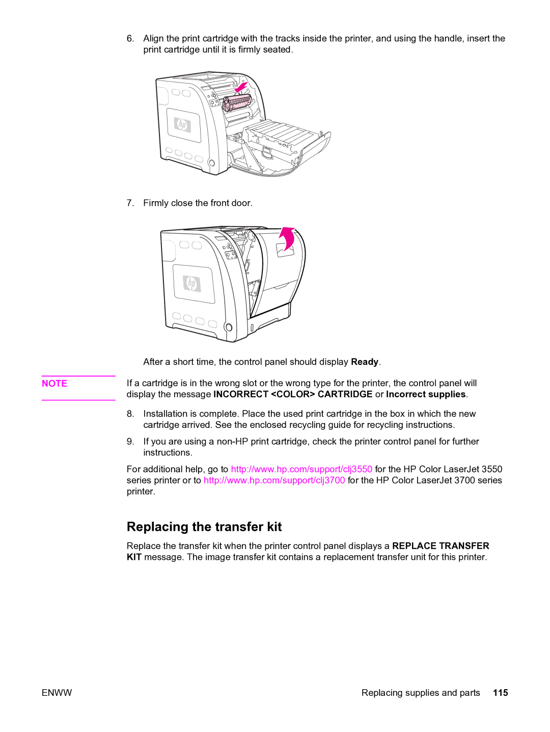 HP 3550 manual Replacing the transfer kit 