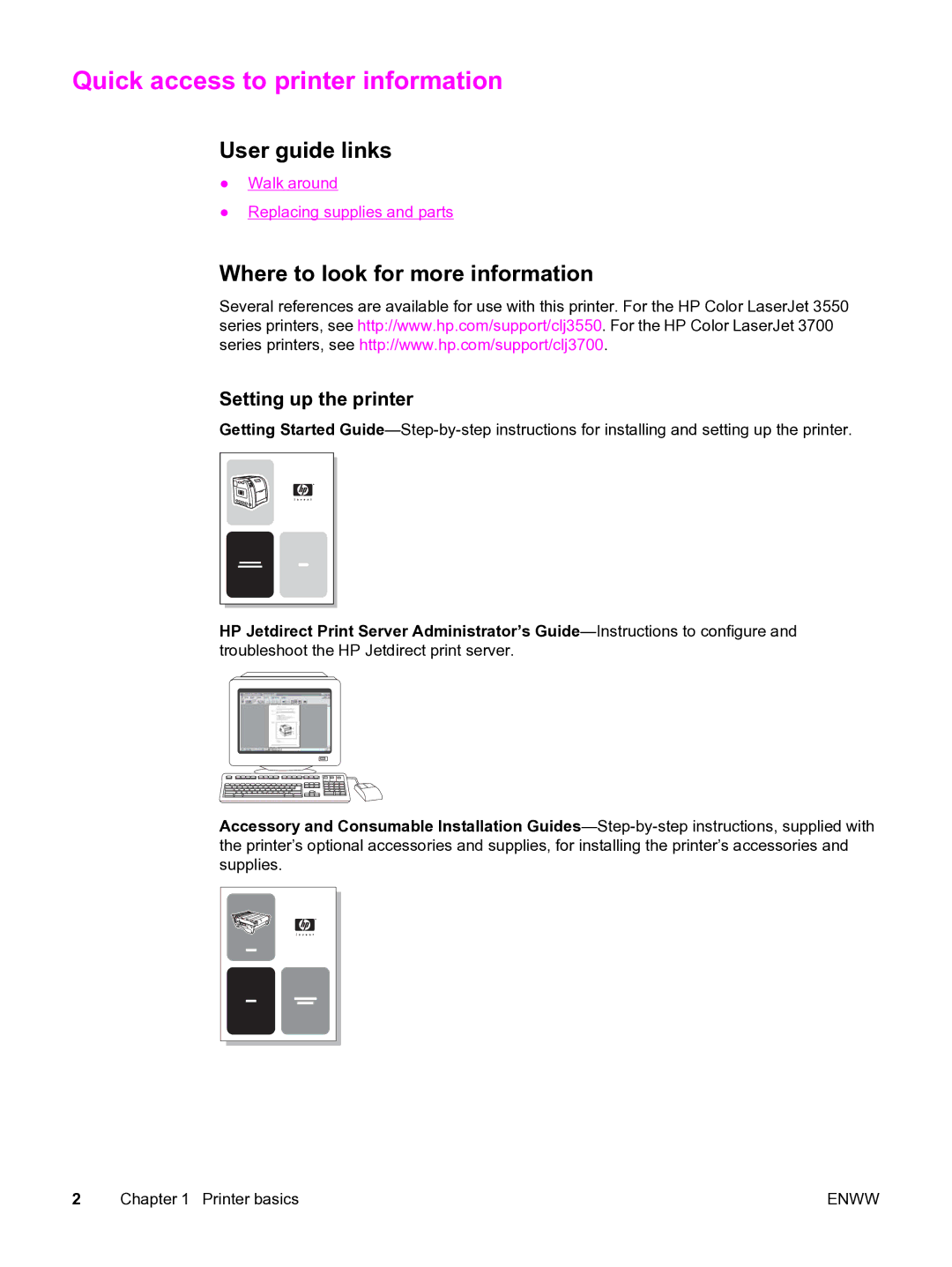 HP 3550 Quick access to printer information, User guide links, Where to look for more information, Setting up the printer 