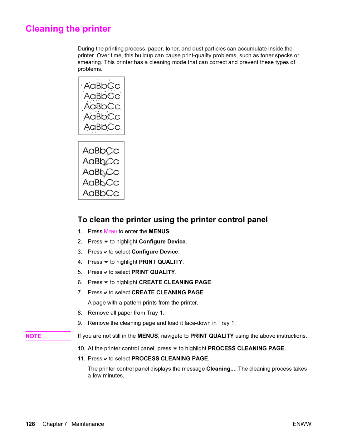 HP 3550 manual Cleaning the printer, To clean the printer using the printer control panel 