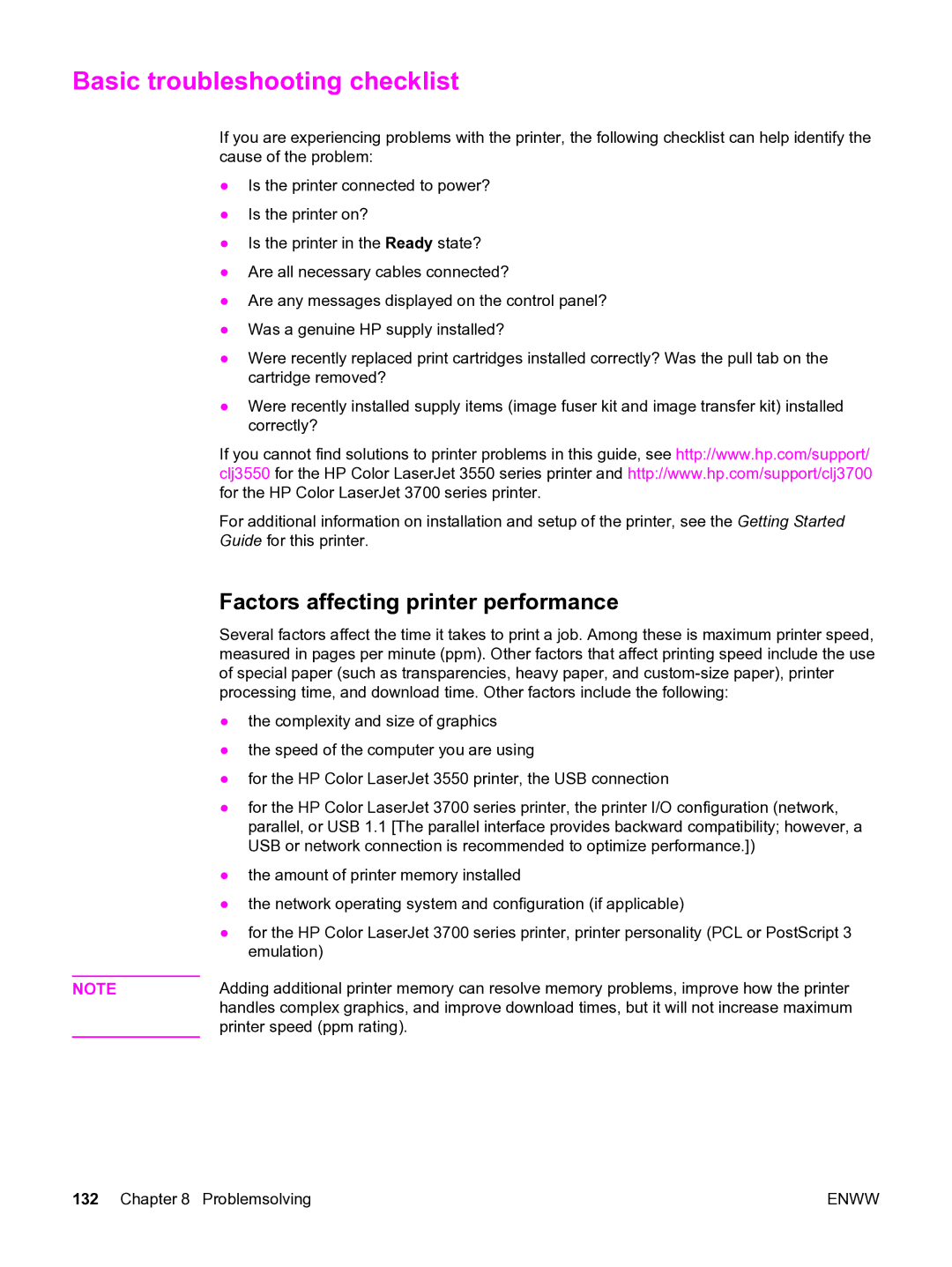 HP 3550 manual Basic troubleshooting checklist, Factors affecting printer performance 