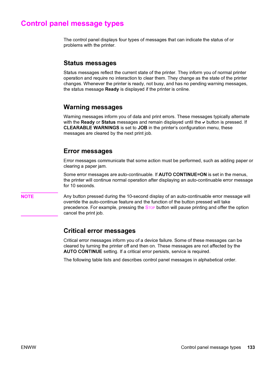 HP 3550 manual Control panel message types, Status messages, Error messages, Critical error messages 