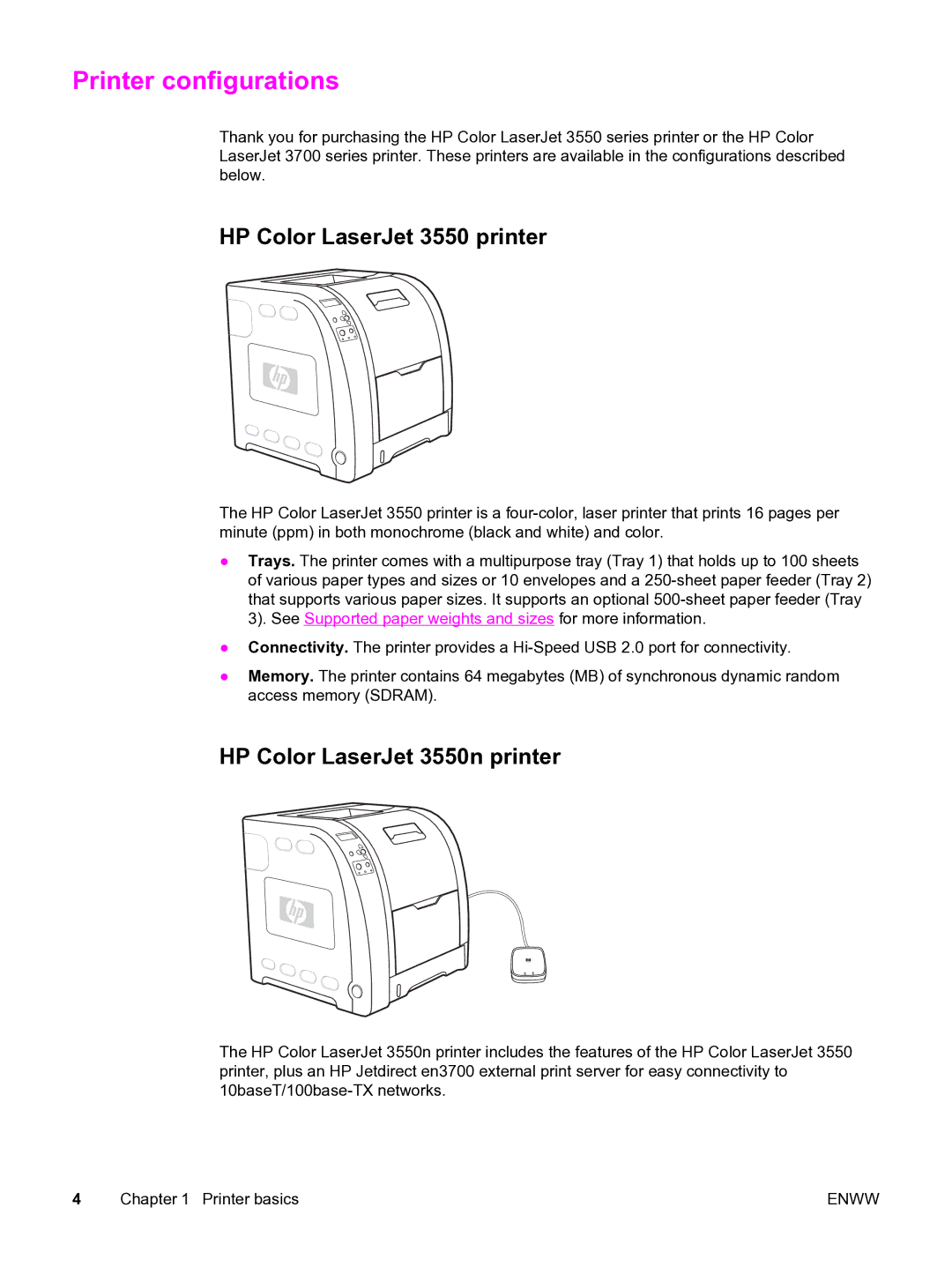 HP manual Printer configurations, HP Color LaserJet 3550 printer, HP Color LaserJet 3550n printer 