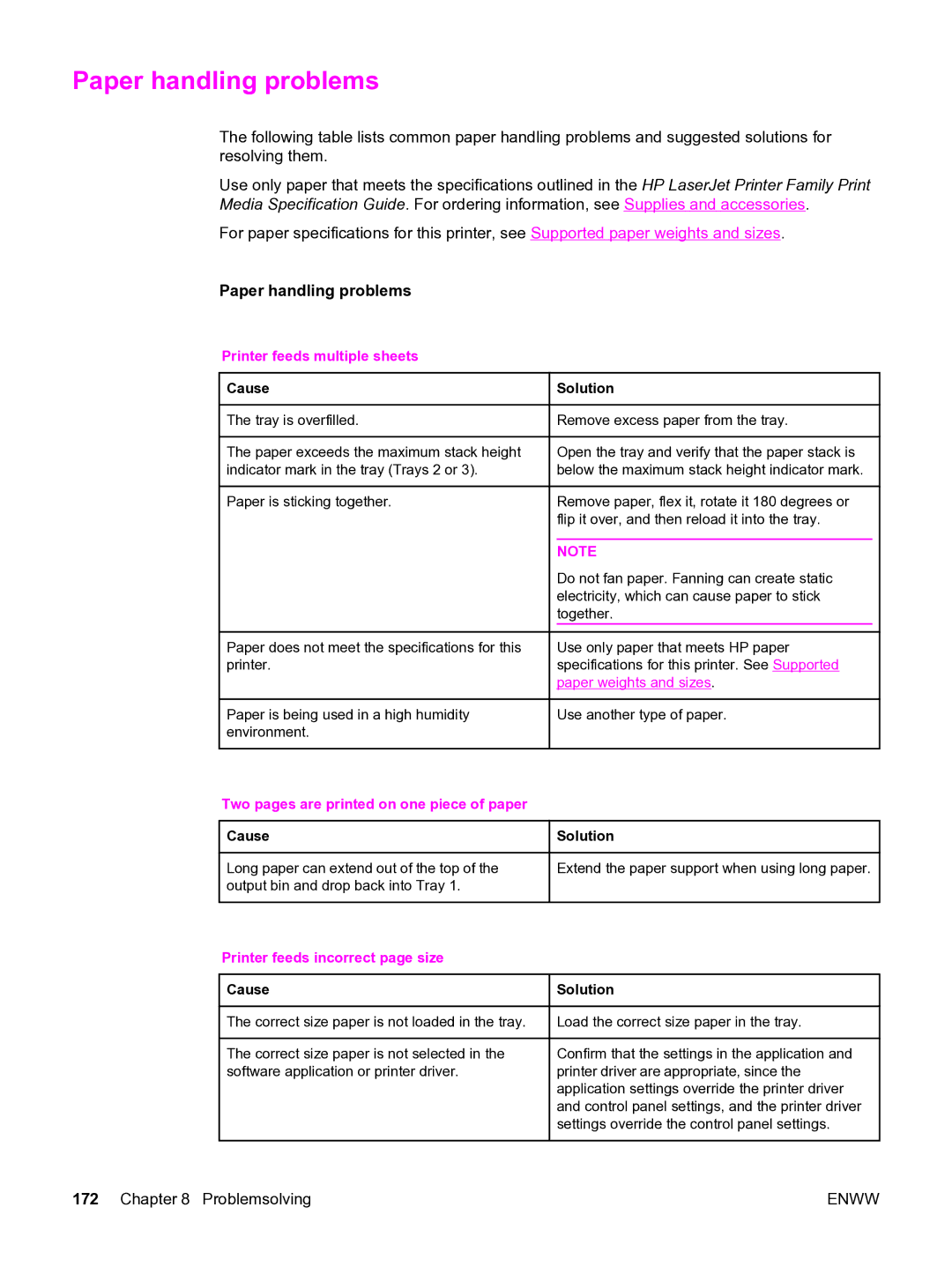 HP 3550 manual Paper handling problems, Printer feeds multiple sheets, Two pages are printed on one piece of paper Cause 