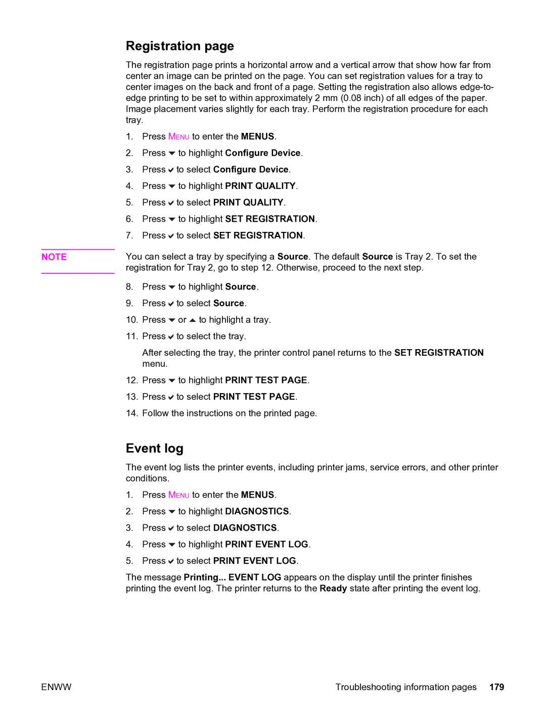 HP 3550 manual Registration, Event log, To highlight Print Test, To select Print Test 