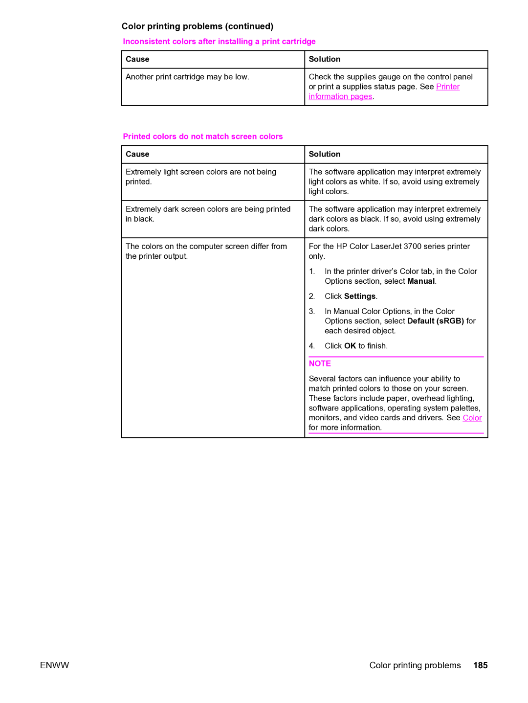 HP 3550 manual Inconsistent colors after installing a print cartridge, Printed colors do not match screen colors Cause 