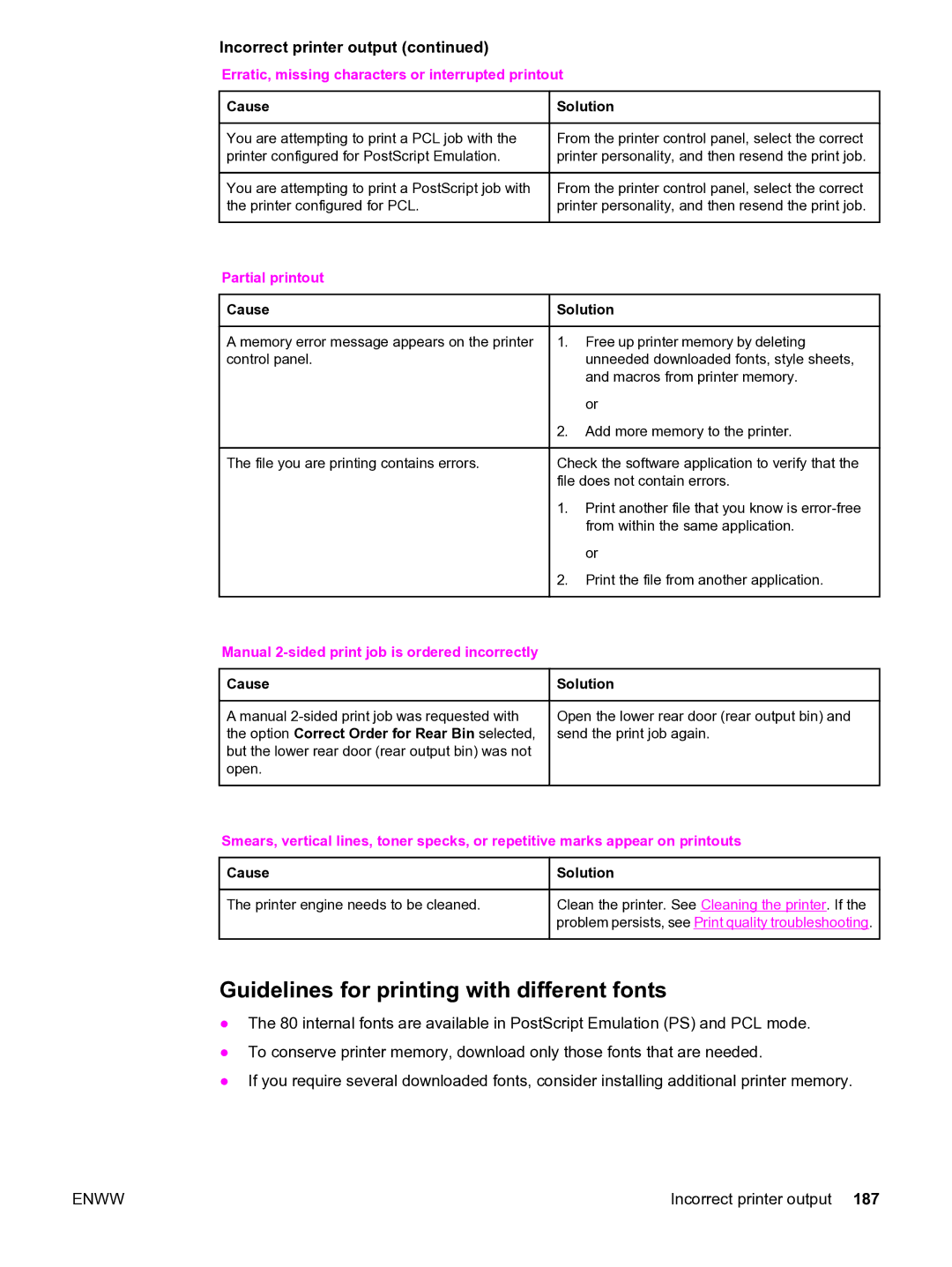 HP 3550 Guidelines for printing with different fonts, Partial printout, Manual 2-sided print job is ordered incorrectly 