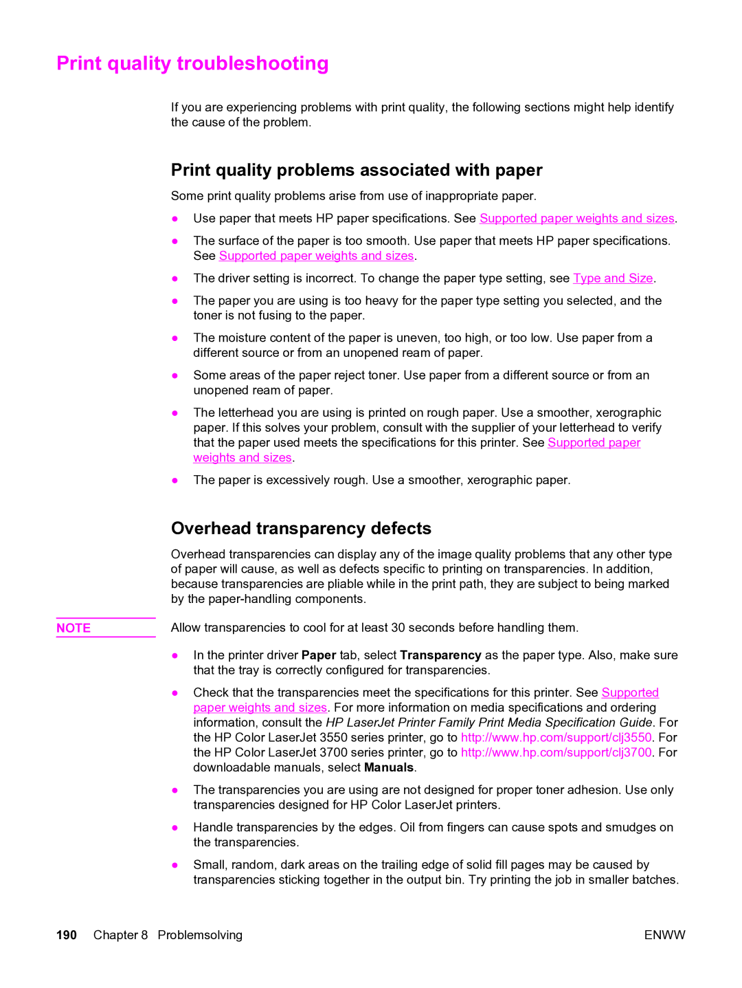 HP 3550 manual Print quality troubleshooting, Print quality problems associated with paper, Overhead transparency defects 