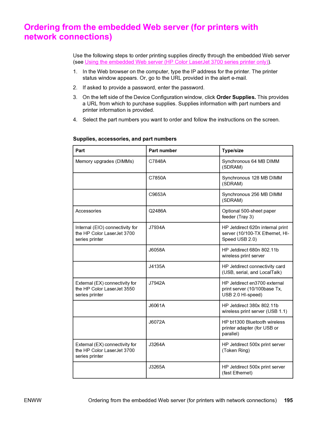 HP 3550 manual Supplies, accessories, and part numbers, Part Part number, Type/size 