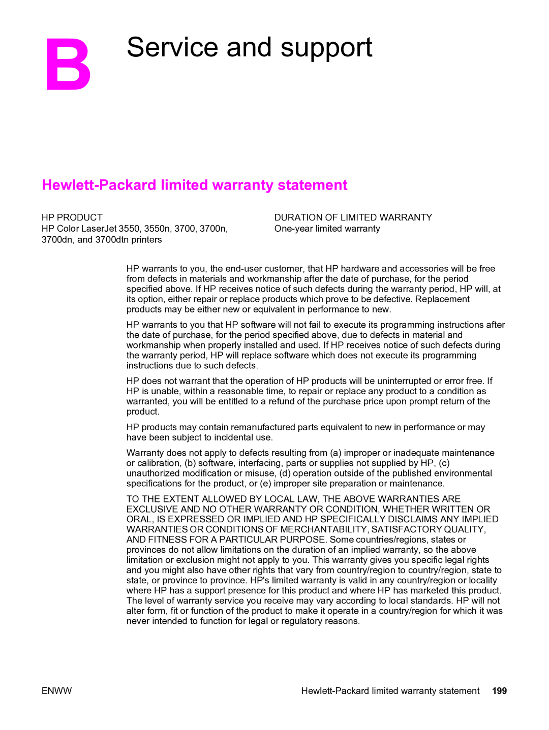 HP 3550 manual Service and support, Hewlett-Packard limited warranty statement 