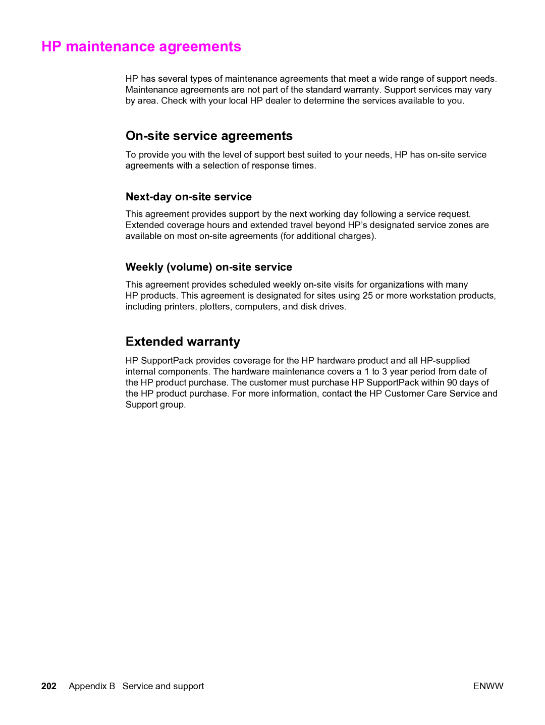 HP 3550 manual HP maintenance agreements, On-site service agreements, Extended warranty, Next-day on-site service 