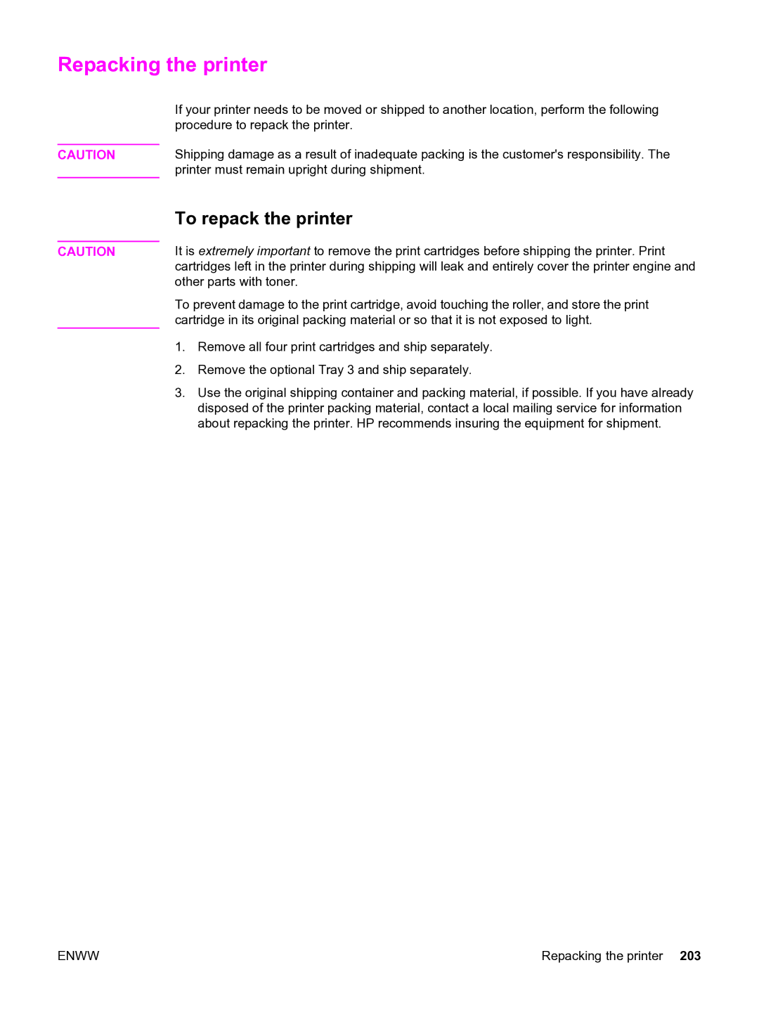 HP 3550 manual Repacking the printer, To repack the printer 