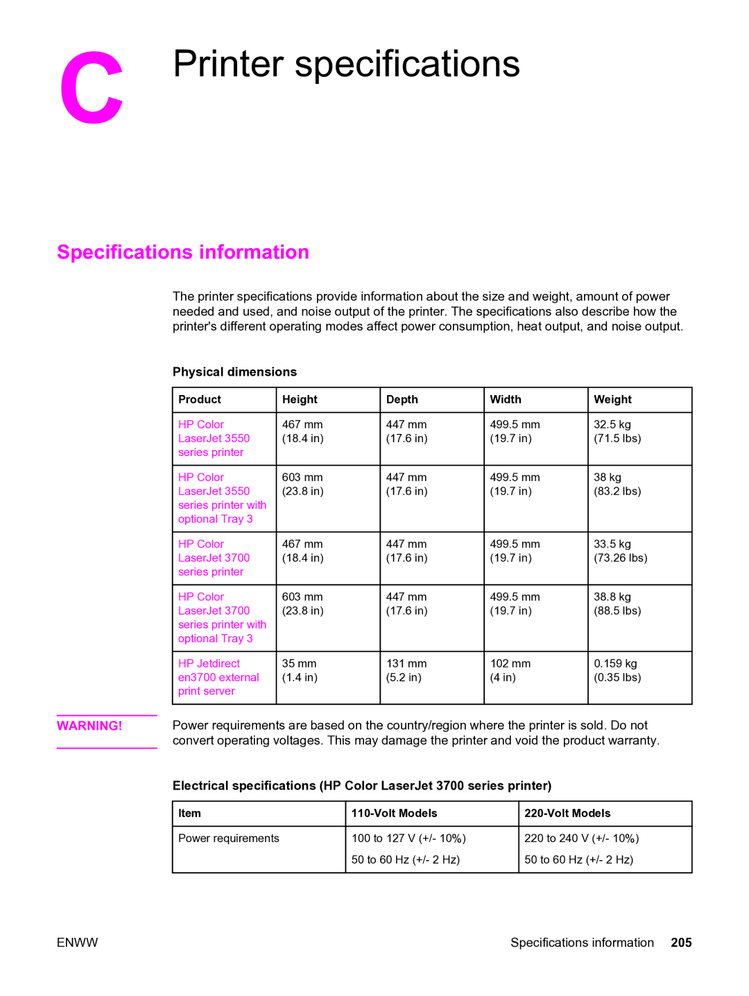 HP 3550 manual Printer specifications, Specifications information, Physical dimensions, Product Height Depth Width Weight 