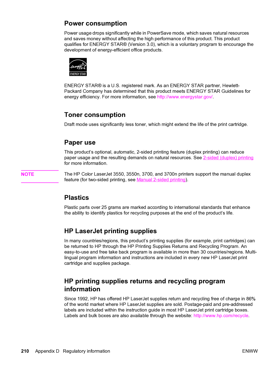 HP 3550 manual Power consumption, Toner consumption, Paper use, Plastics, HP LaserJet printing supplies, Information 