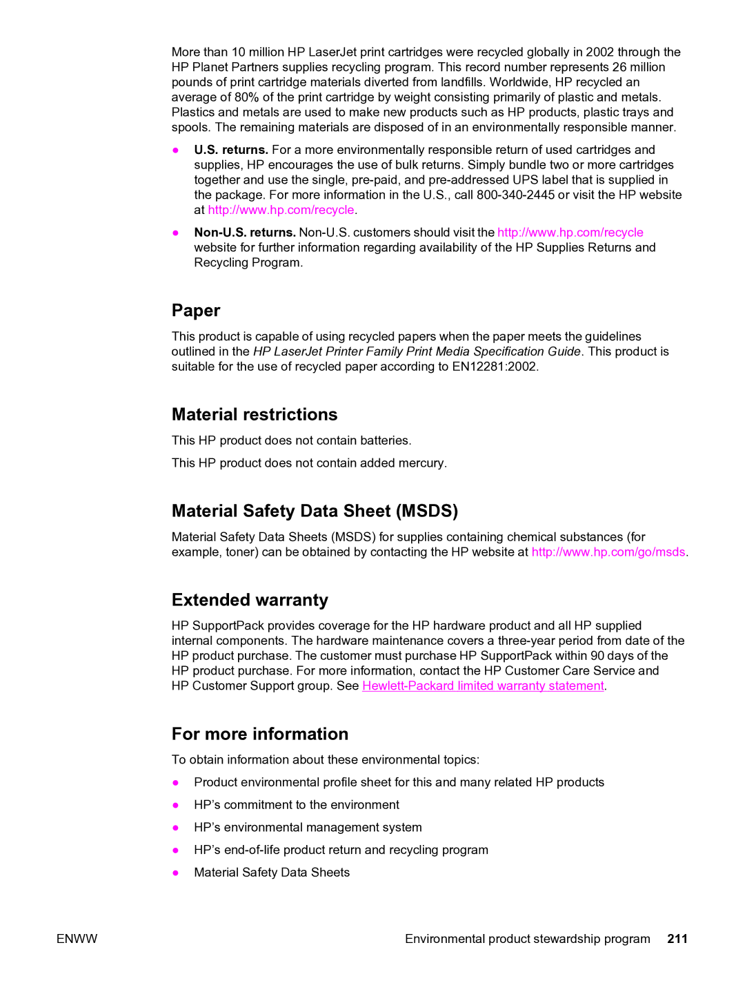 HP 3550 manual Paper, Material restrictions, Material Safety Data Sheet Msds Extended warranty, For more information 