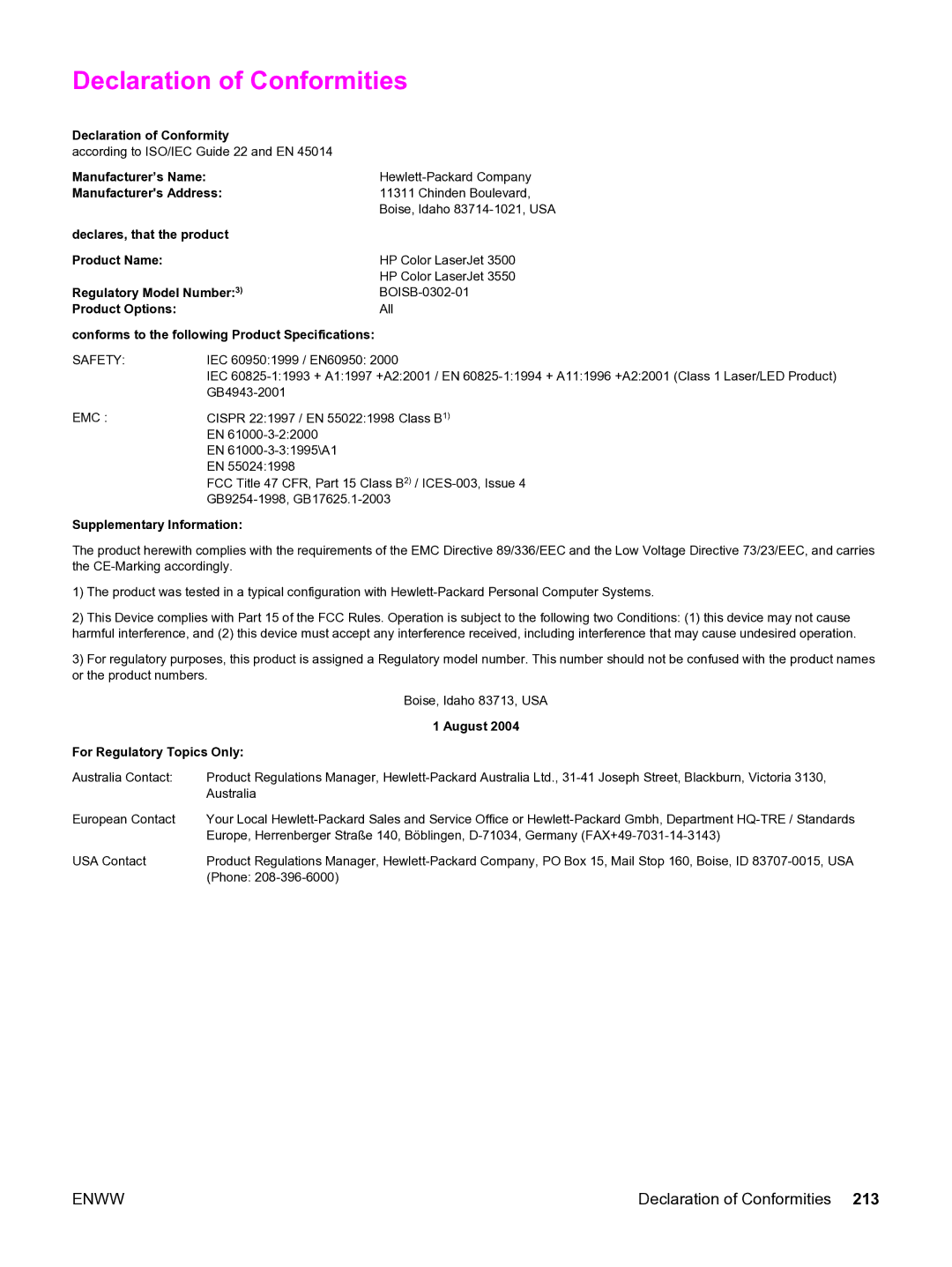 HP 3550 manual Declaration of Conformities, Conforms to the following Product Specifications 