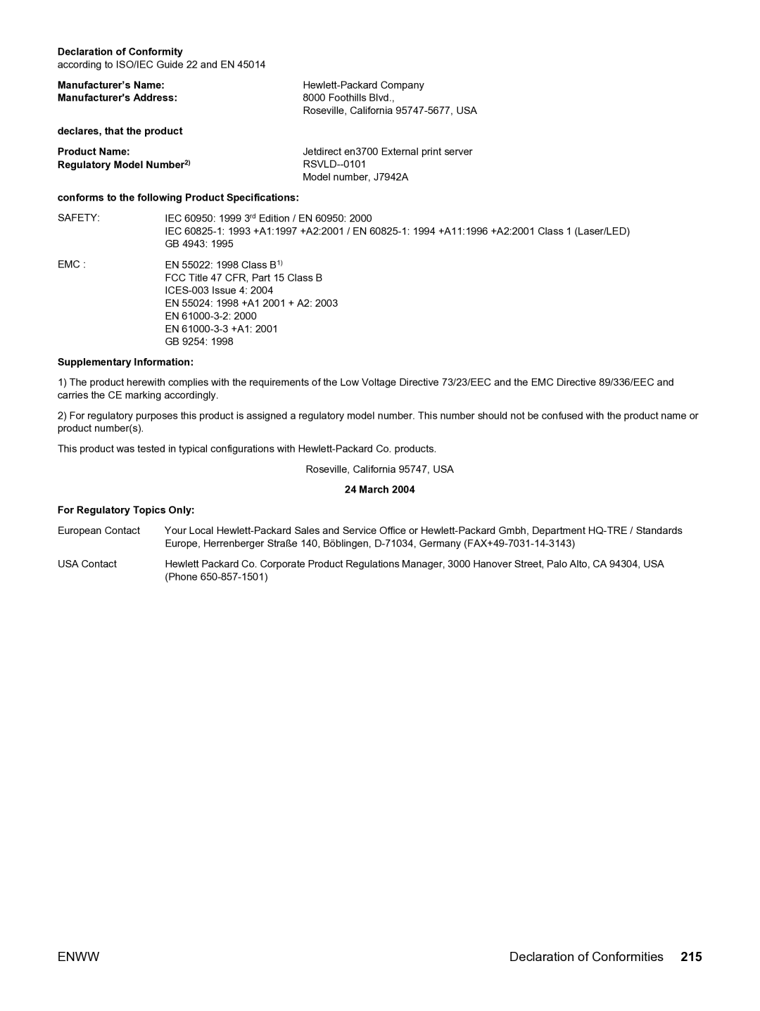 HP 3550 manual Regulatory Model Number2 