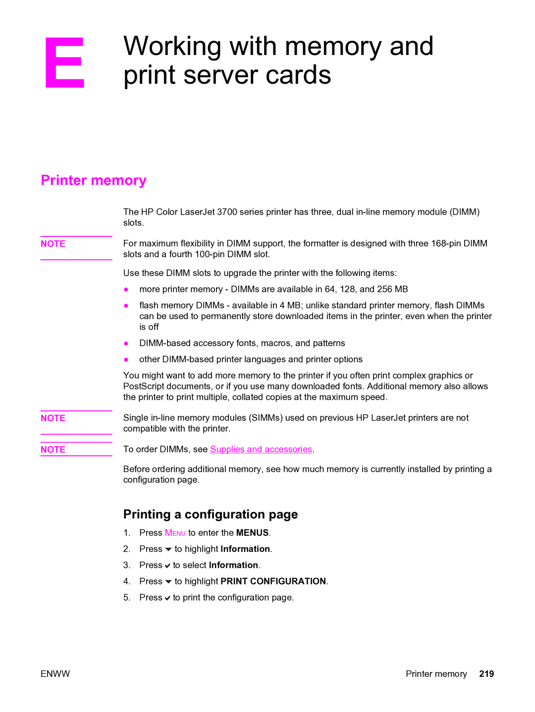 HP 3550 manual Working with memory, Print server cards, Printer memory, Printing a configuration 