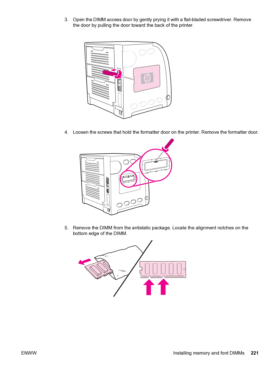 HP 3550 manual Installing memory and font DIMMs 