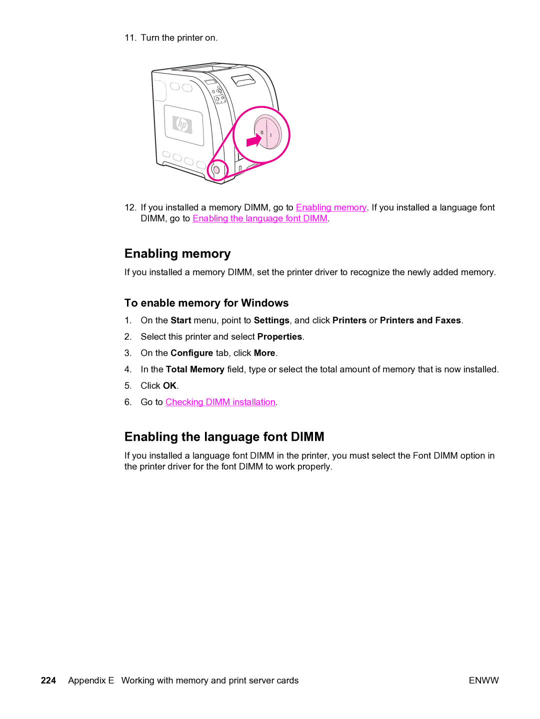 HP 3550 manual Enabling memory, Enabling the language font Dimm, To enable memory for Windows 