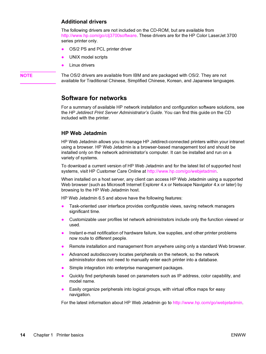 HP 3550 manual Software for networks, Additional drivers, HP Web Jetadmin 