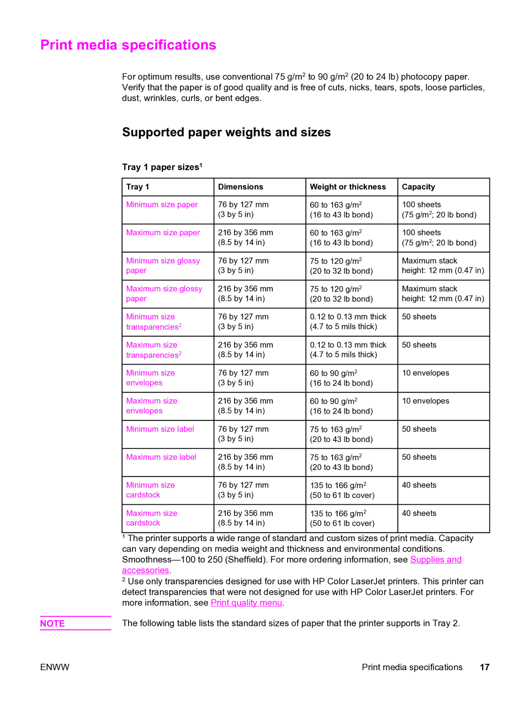 HP 3550 manual Print media specifications, Supported paper weights and sizes, Tray 1 paper sizes1 