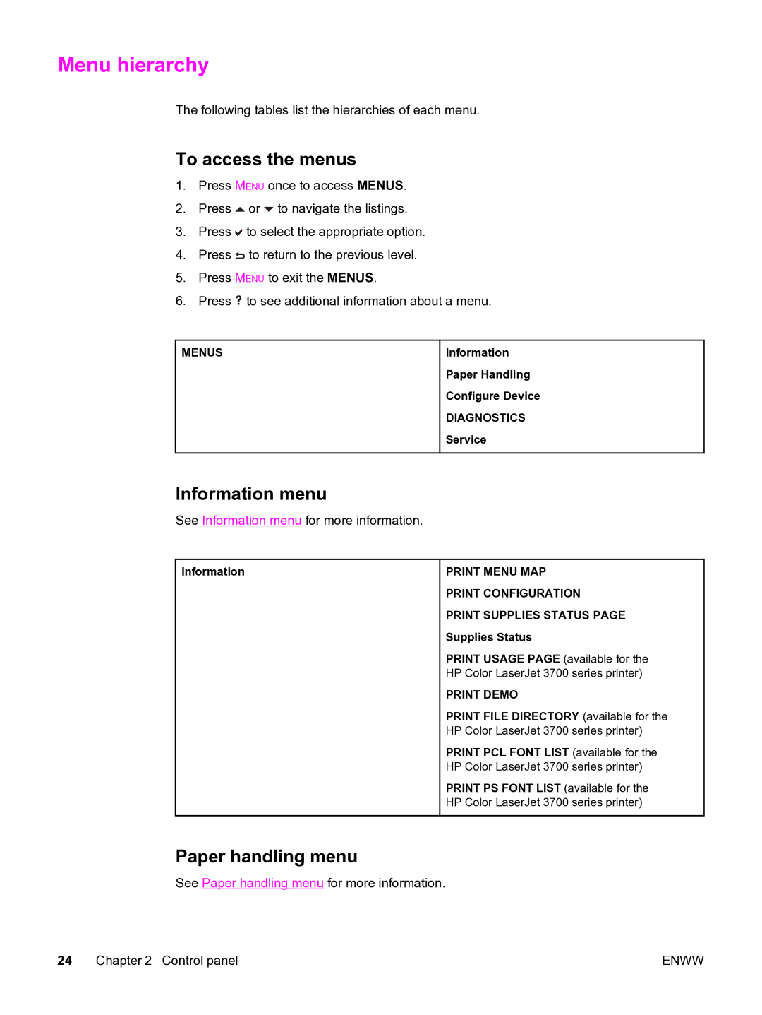 HP 3550 manual Menu hierarchy, To access the menus, Information menu, Paper handling menu 