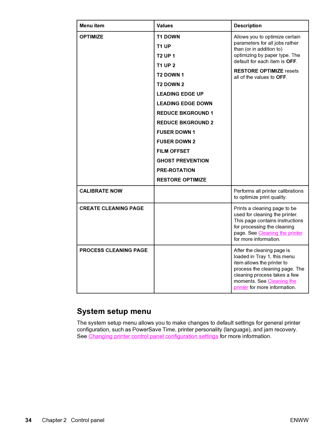 HP 3550 manual System setup menu 