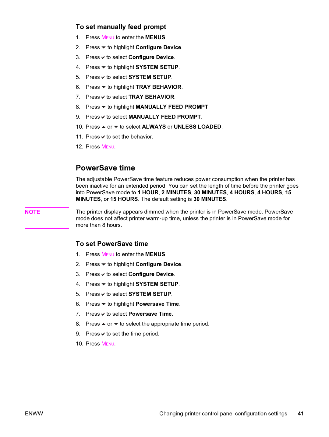 HP 3550 To set manually feed prompt, To set PowerSave time 