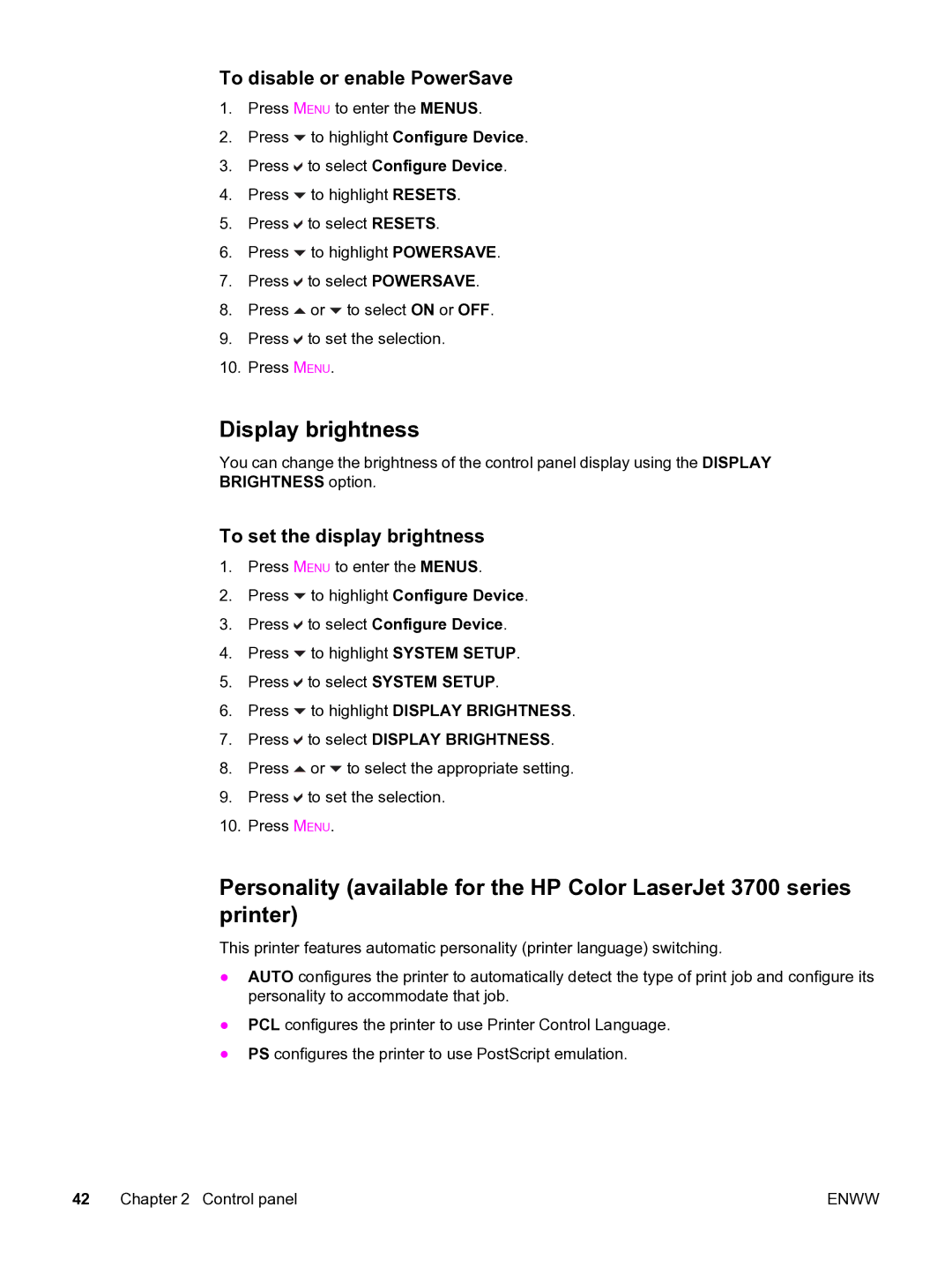 HP 3550 manual Display brightness, To disable or enable PowerSave, To set the display brightness 