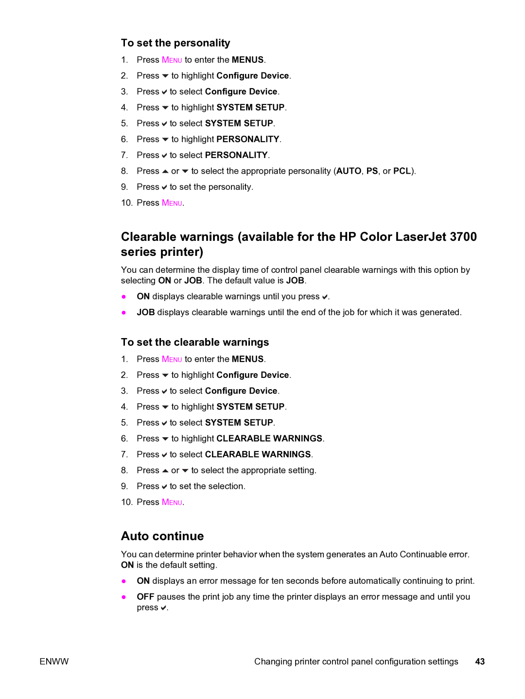 HP 3550 manual Auto continue, To set the personality, To set the clearable warnings 