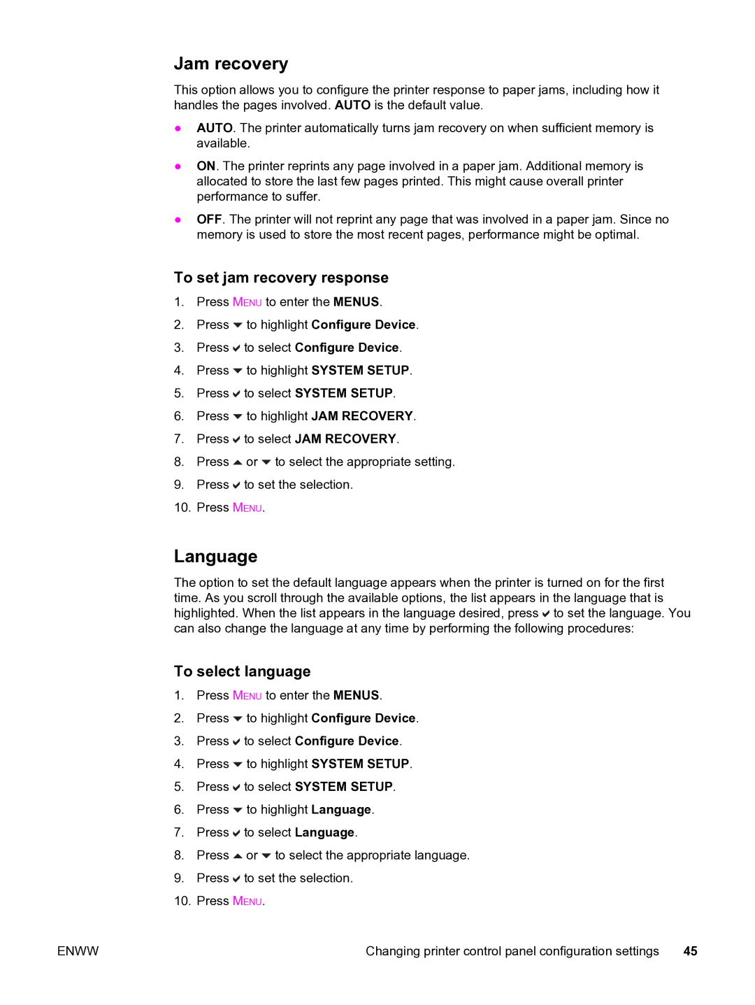 HP 3550 manual Jam recovery, Language, To set jam recovery response, To select language 