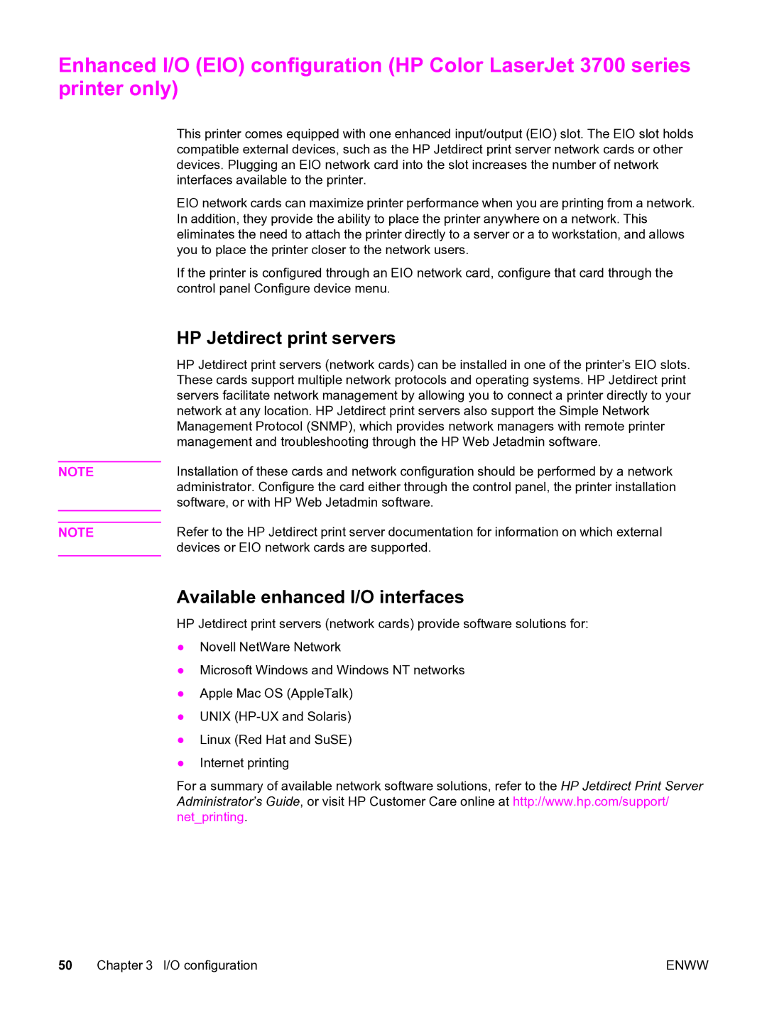 HP 3550 manual HP Jetdirect print servers, Available enhanced I/O interfaces 