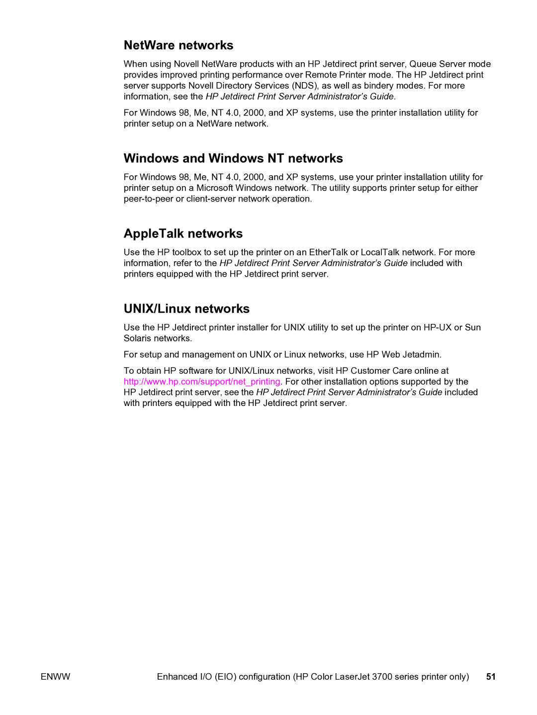 HP 3550 manual NetWare networks, Windows and Windows NT networks, AppleTalk networks, UNIX/Linux networks 