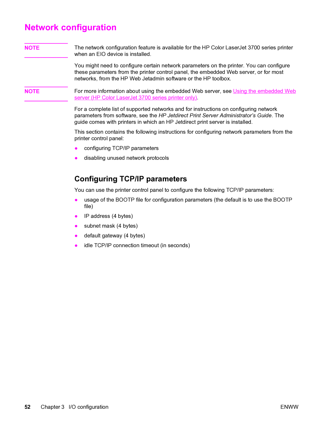 HP 3550 manual Network configuration, Configuring TCP/IP parameters 