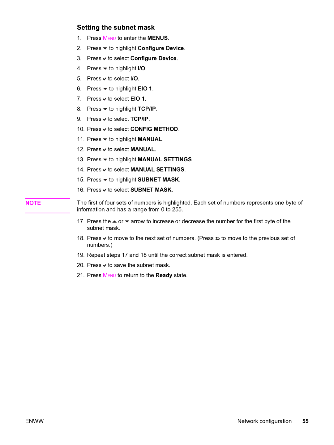 HP 3550 manual Setting the subnet mask 