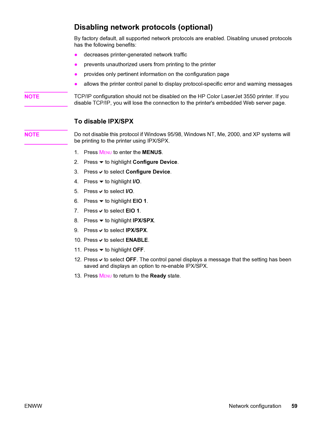 HP 3550 manual Disabling network protocols optional, To disable IPX/SPX 