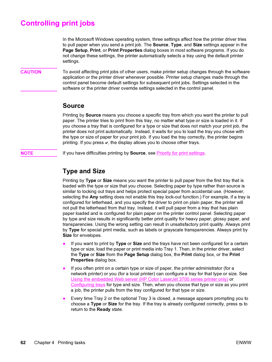 HP 3550 manual Controlling print jobs, Source, Type and Size 