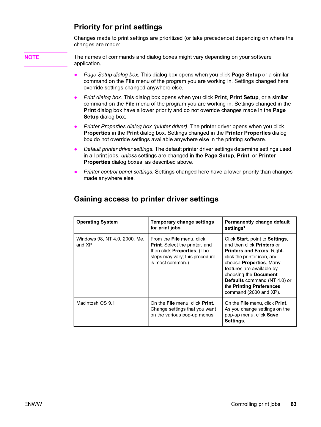 HP 3550 manual Priority for print settings, Gaining access to printer driver settings, Permanently change default settings1 