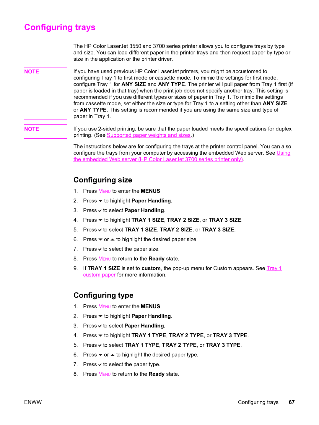 HP 3550 manual Configuring trays, Configuring size, Configuring type 
