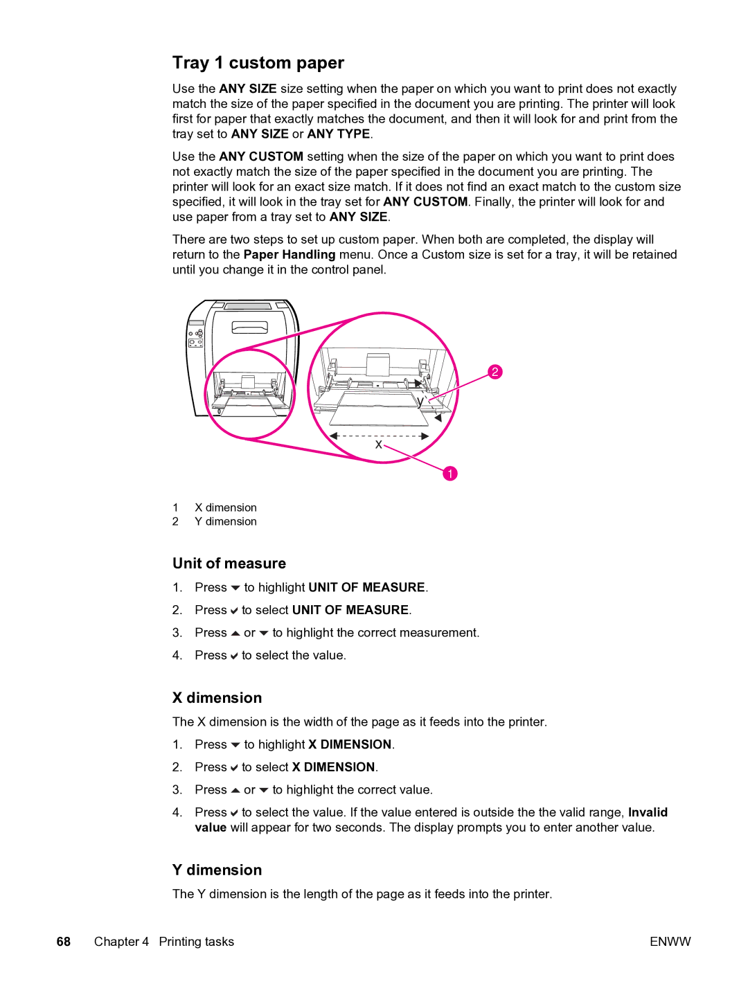 HP 3550 manual Tray 1 custom paper, Unit of measure, Dimension 