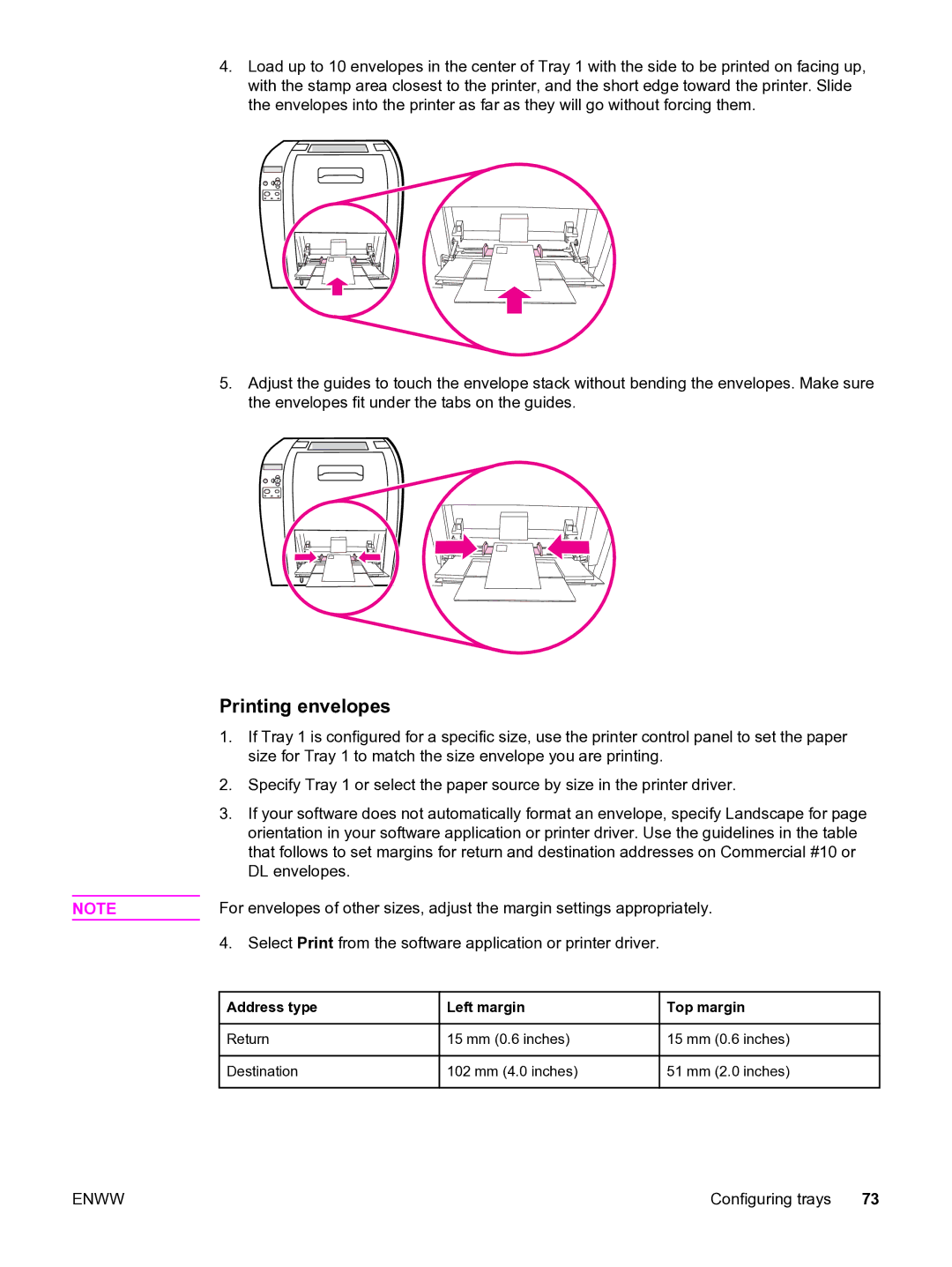 HP 3550 manual Printing envelopes, Address type Left margin Top margin 