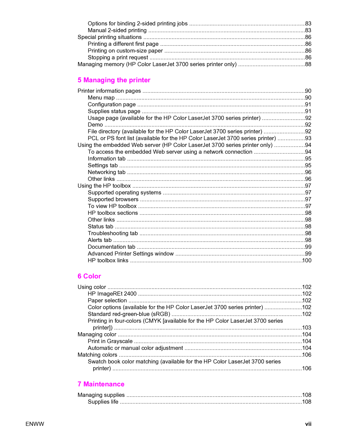 HP 3550 manual Managing the printer, Vii 