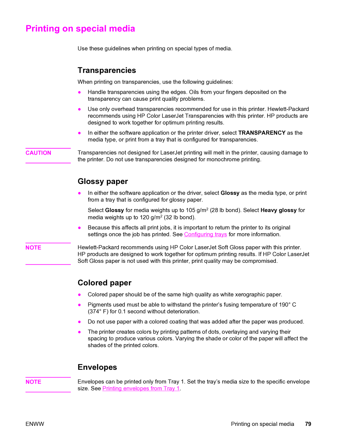 HP 3550 manual Printing on special media, Transparencies, Glossy paper, Colored paper, Envelopes 