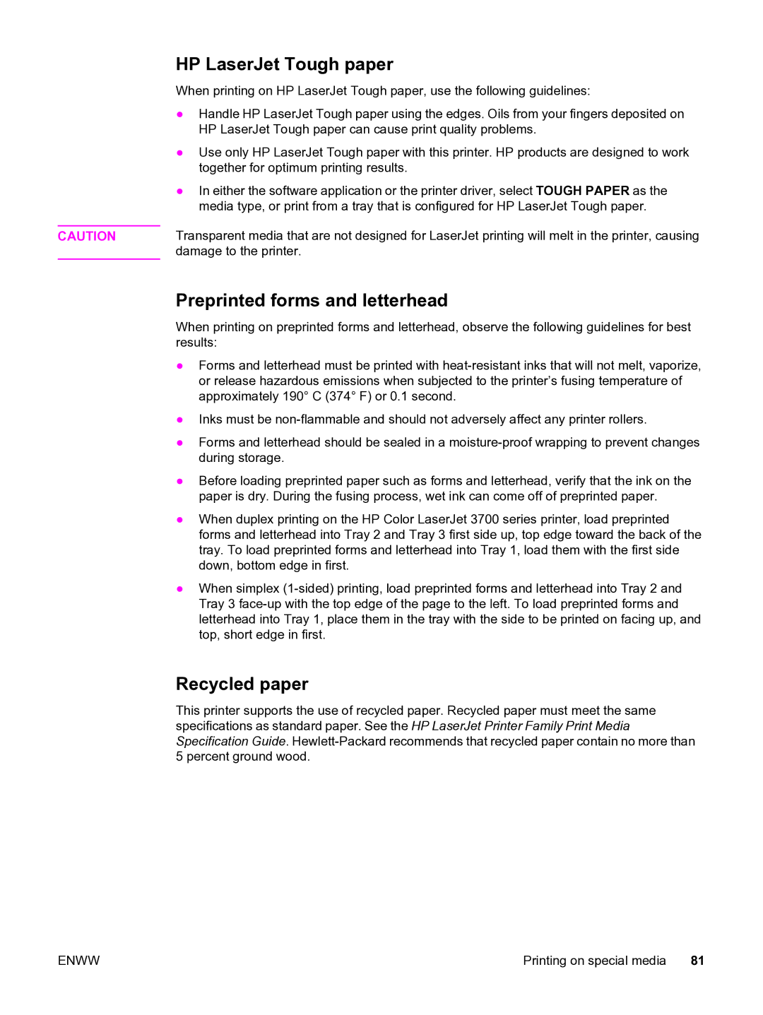 HP 3550 manual HP LaserJet Tough paper, Preprinted forms and letterhead, Recycled paper 