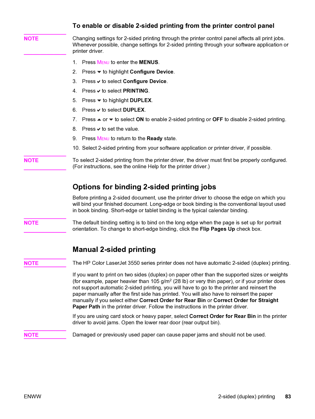 HP 3550 manual Options for binding 2-sided printing jobs, Manual 2-sided printing 