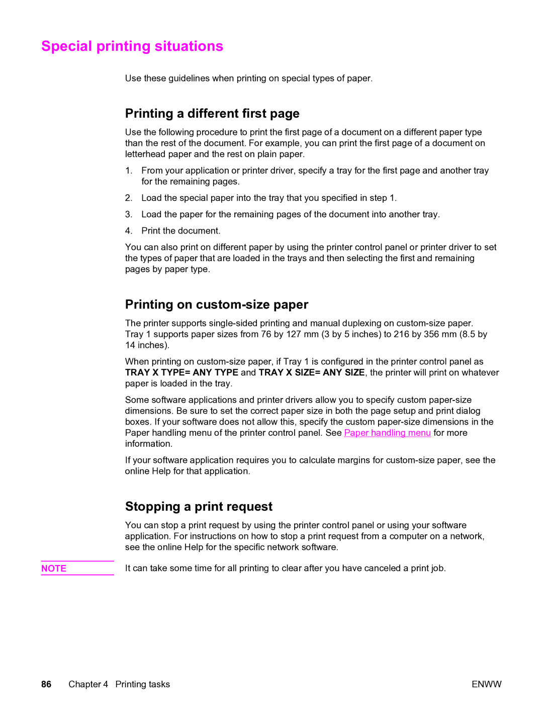 HP 3550 Special printing situations, Printing a different first, Printing on custom-size paper, Stopping a print request 