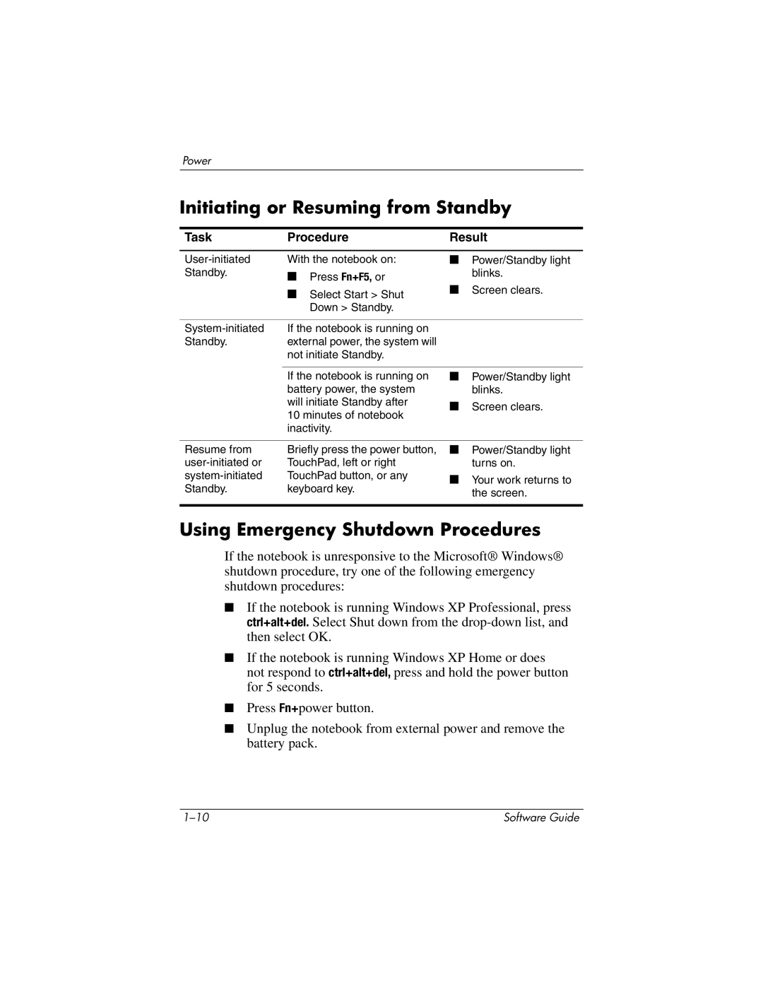 HP 355385-001 manual Initiating or Resuming from Standby, Using Emergency Shutdown Procedures 